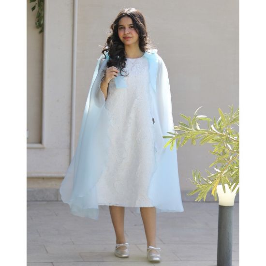 صورة فستان بناتي مطرز ورود كبيرة وفيونكات فراشة سماويه | تصميم ملكي - 1201